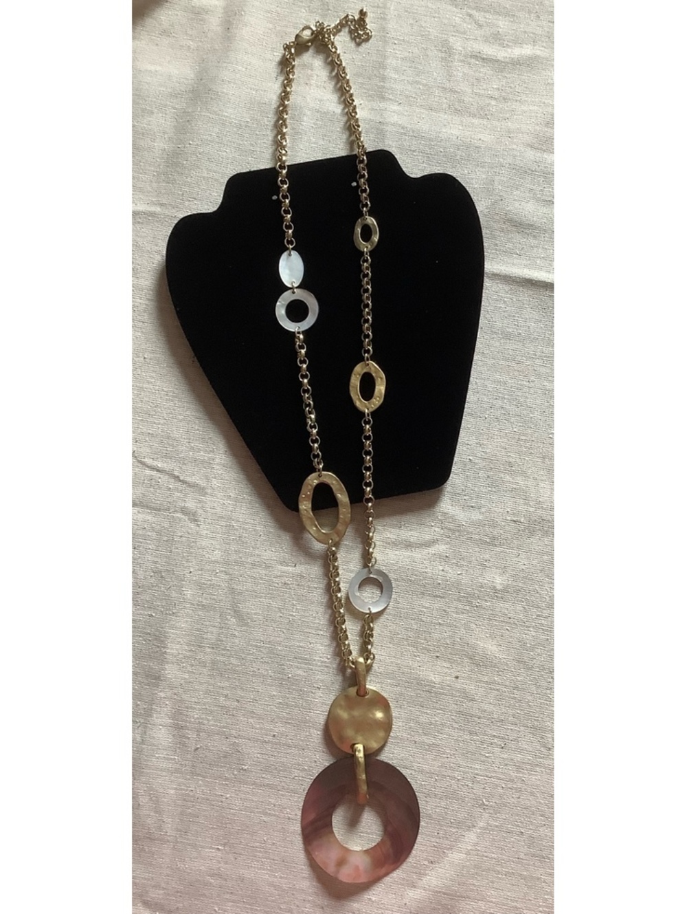Chico’s Long Gold Tone Mother of Pearl Shell Statement Pendant Necklace
